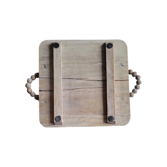 Rustic Farmhouse Wooden Tray with Beaded Handles - Picture 4 of 4